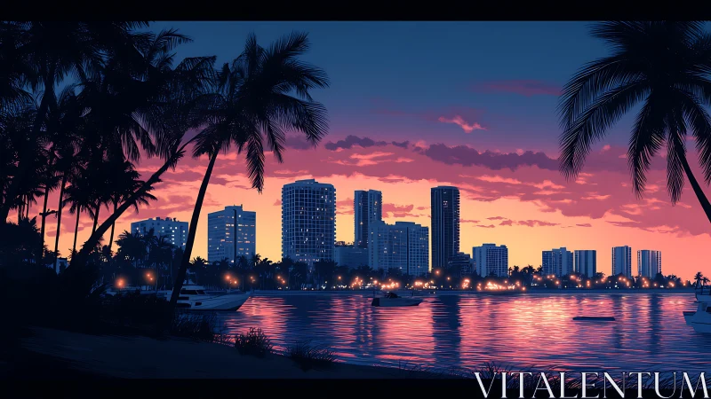 Neon dusk drapes a palm framed skyline over rippling harbor.