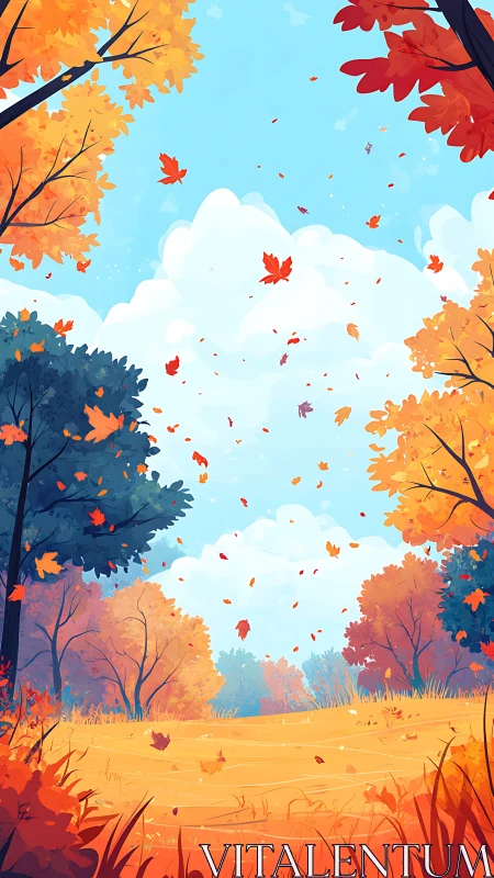 Autumn Forest Landscape with Falling Leaves and Blue Sky