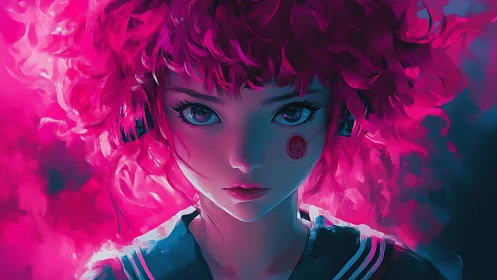 Neon-haired anime girl in vivid magenta glow portrait.