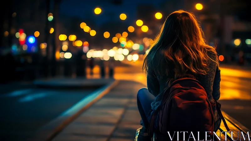 Solitary figure with backpack observes defocused nocturnal city