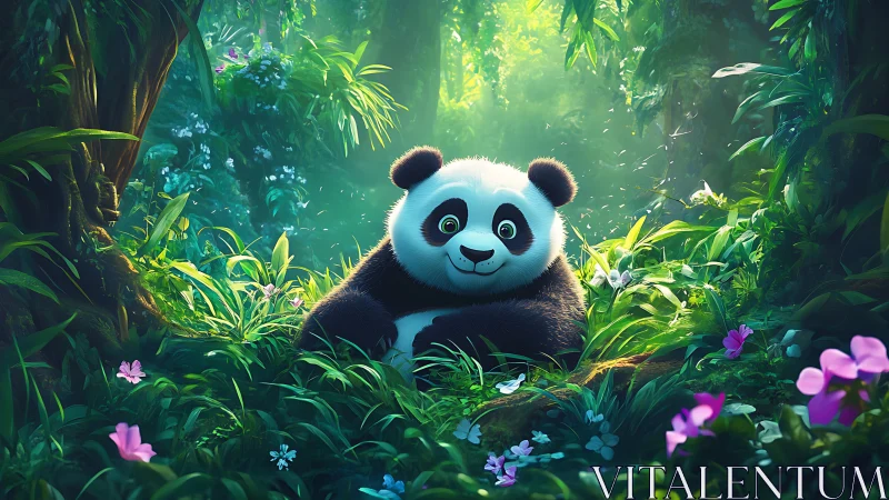 Cartoon panda reclines in luminous stylized rainforest glade