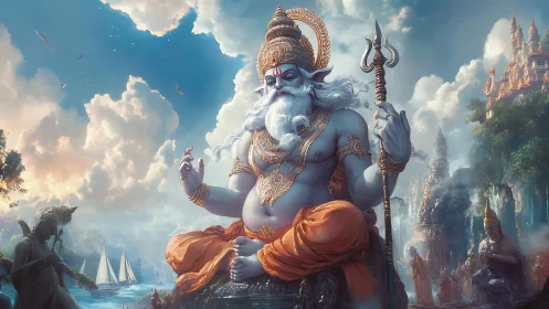 Giant seated deity overlooks riverside temples and boats calmly