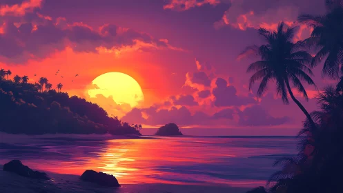 Tropical shoreline sunset with saturated magenta sky reflections.