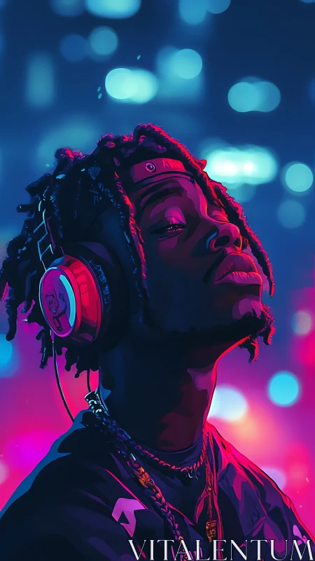 Neon city listener crowned in midnight magenta glow.