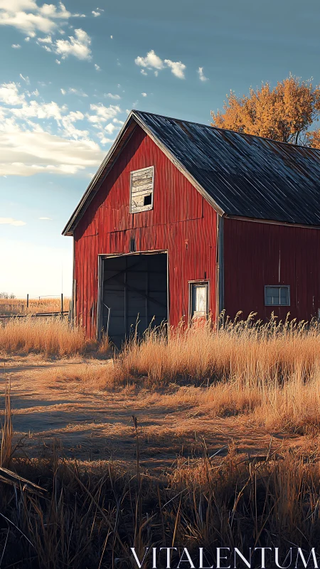 Weathered red barn glows softly in late afternoon light