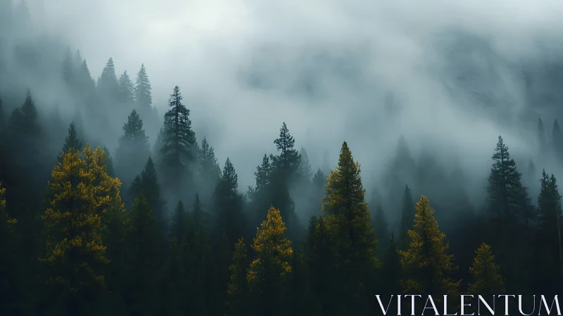 Mountain Forest Landscape Shrouded in Atmospheric Mist.