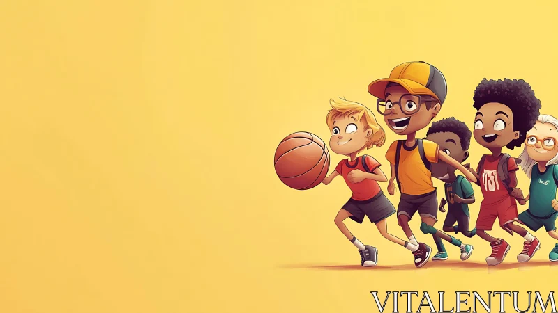 Stylized cartoon children running with basketball on flat yellow ground