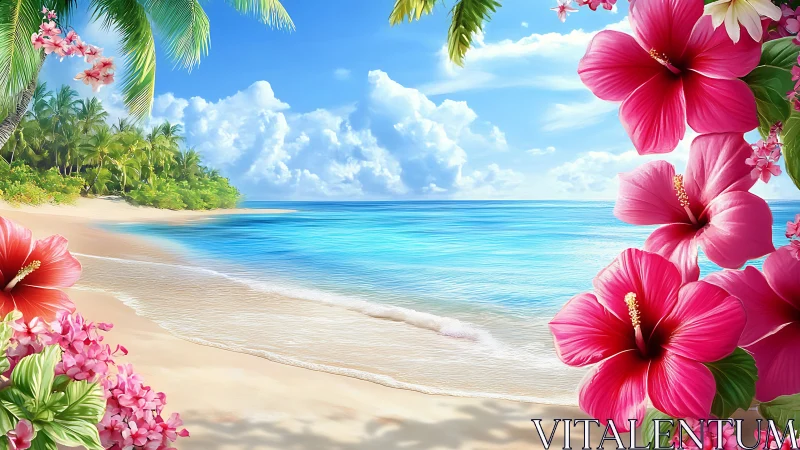 Tropical Haven: Pink Hibiscus Framing Paradise Beach