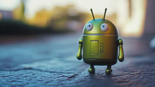 Macro bokeh study of metallic toy android on pavement at dusk.