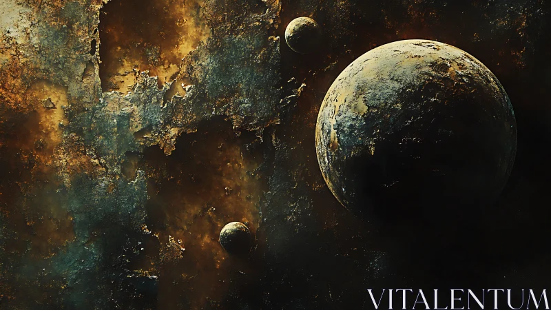 Rust colored alien planet with three moons in dark space.