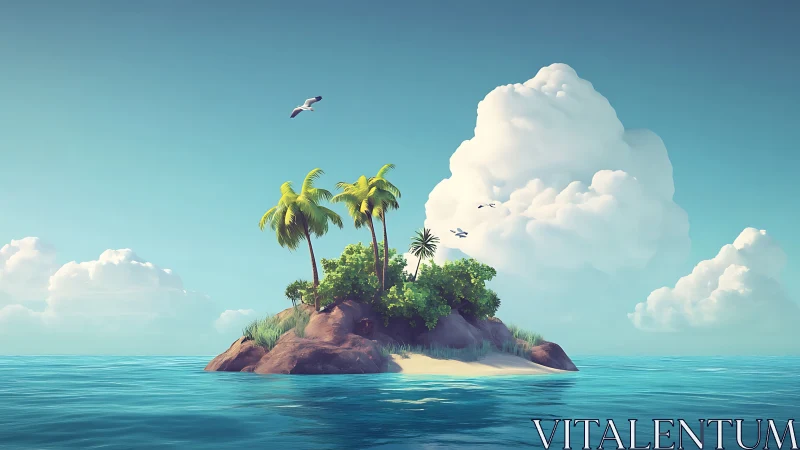 Small tropical island with vegetation surrounded by clear ocean water.