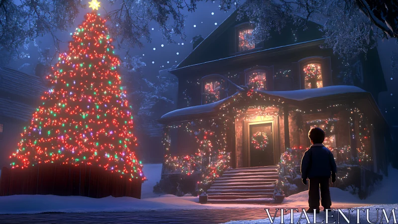 Child’s quiet wonder before a glowing Christmas doorstep.