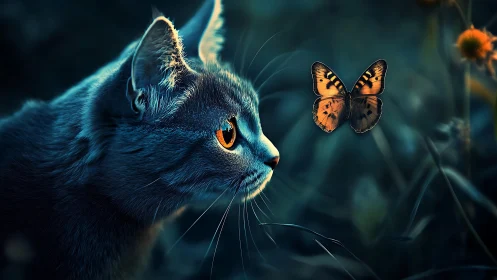 Cat's Fascinated Gaze Meets Golden Butterfly in Twilight