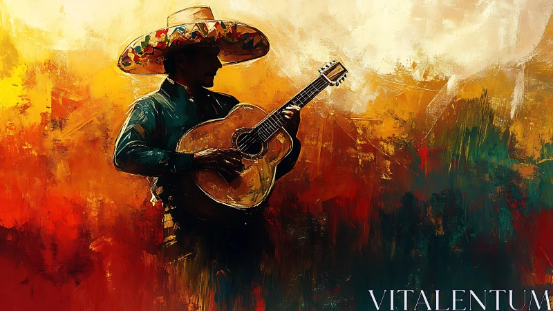 Sunlit sombrero guitarist strums against a fiery dusk canvas.