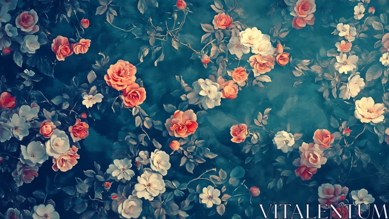 Vintage Botanical Composition with Layered Rose Blooms and Foliage