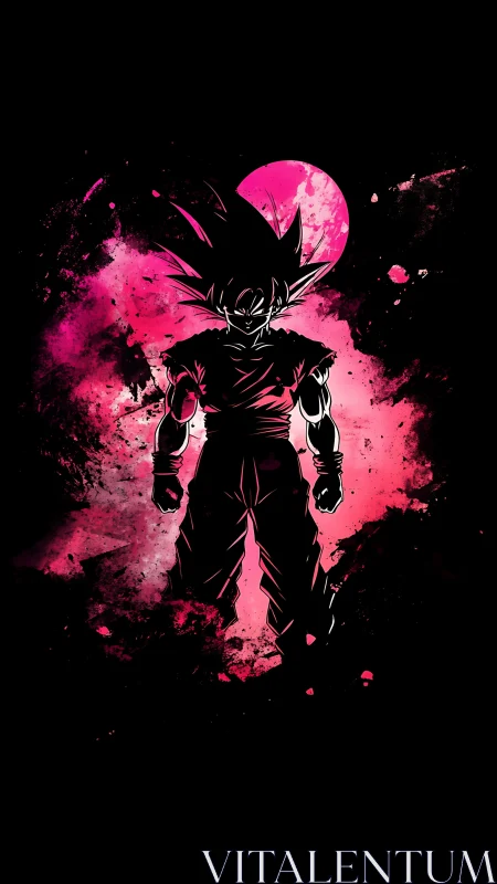 Saiyan warrior silhouette in vivid pink cosmic aura.