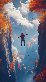 Solo skydiver plunges through autumn canyon of clouds.