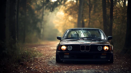 Classic black coupe on misty forest track with warm headlamps