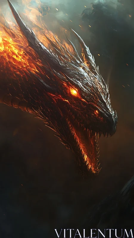 Flaming dragon head roars with molten eyes and metal scales