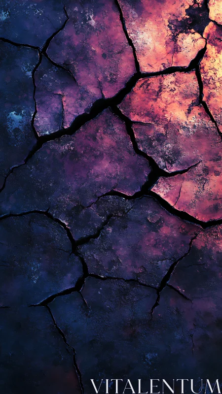 Luminous magma cracks split through dark cosmic stone.