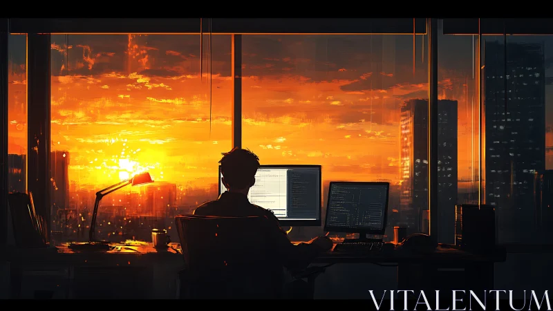Golden sunset bathes a focused programmer in quiet calm