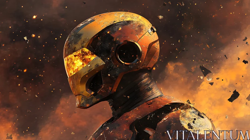 Molten-scarred mech sentinel drifting through ember storms.