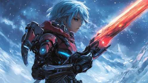 Cyan haired cyber soldier raises blazing plasma blade skyward.