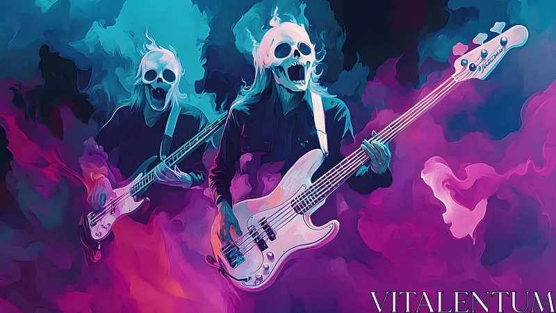 Flaming skull bassist shreds through neon vapor haze.