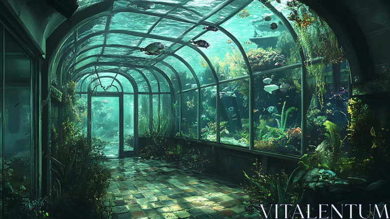 Submerged glass conservatory merges corridor architecture with dense marine biome