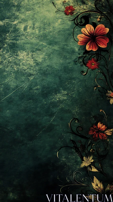 Vintage Blooms: Ornamental Florals on Deep Green Canvas.