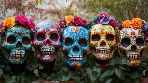 Row of decorated sugar skulls with bright floral crowns.