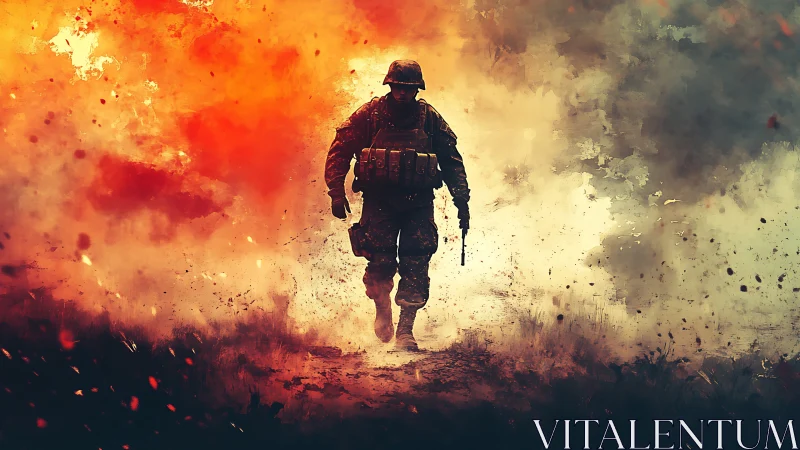 Lone soldier strides through wildfire smoke and shrapnel storm.