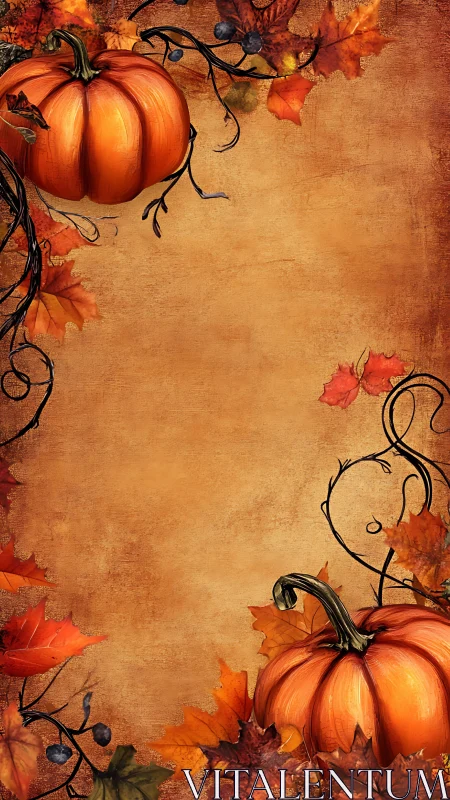 Pumpkins curl around an autumn stage of warm rustic paper