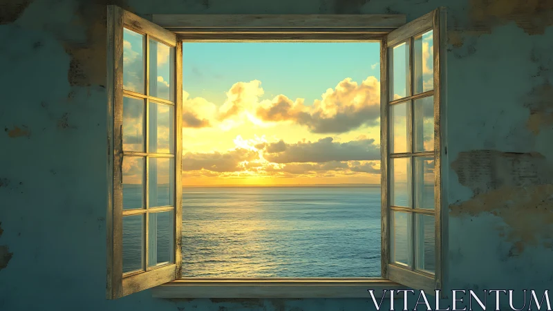 Open wooden window frames calm ocean horizon at sunset