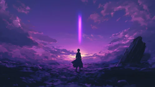 Silhouetted figure studies vertical light beam at twilight