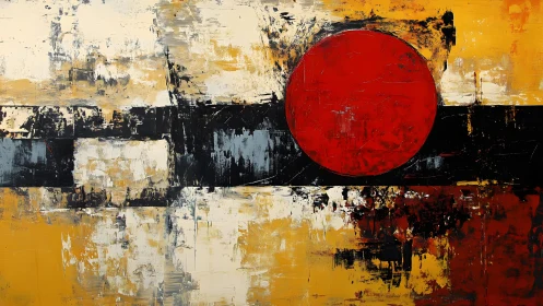 Bold Abstract Painting with Red Circle and Textured Blocks.