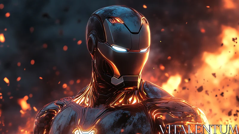 Molten-armored sentinel gazes calmly through cascading firestorm