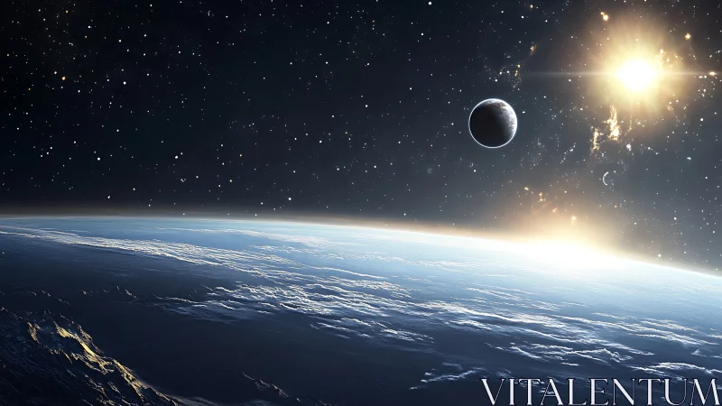 Sunrise over star-sprayed Earth with a quiet watching moon.