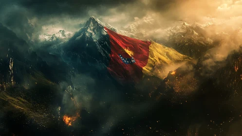 War-torn mountain landscape wrapped in colossal flag imagery.