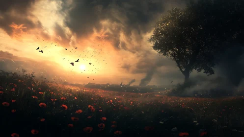 War-torn poppy field under dramatic ember-lit sunset sky.