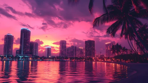 Neon-lit coastal city skyline under magenta sunset sky.
