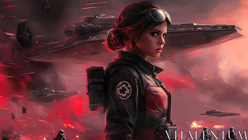 Imperial starfighter pilot in crimson orbital battlefield
