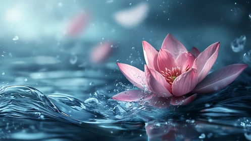 Gentle pink water lily dancing across glimmering waves.