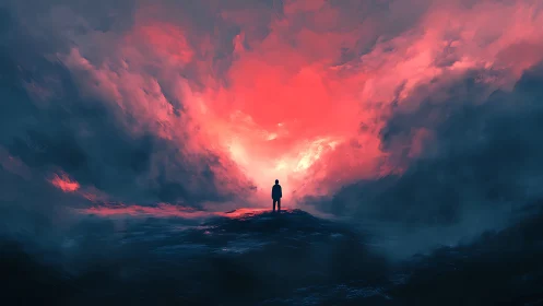 Lone figure confronts a blazing red storm horizon.