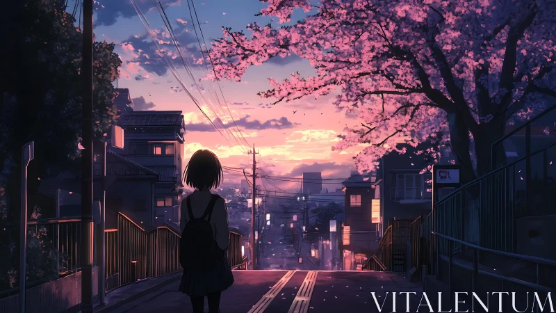 Backlit schoolgirl observes sunset street under sakura canopy