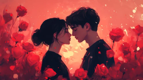Two Hearts Blooming Together Among Crimson Roses.