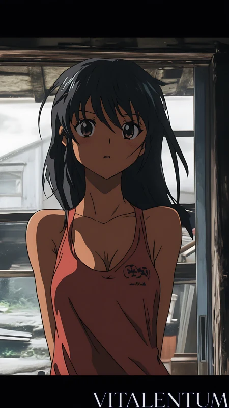 Anime girl stands in sunlit doorway, lost in quiet thought