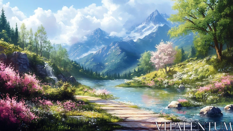Spring mountain river landscape in luminous digital painting.