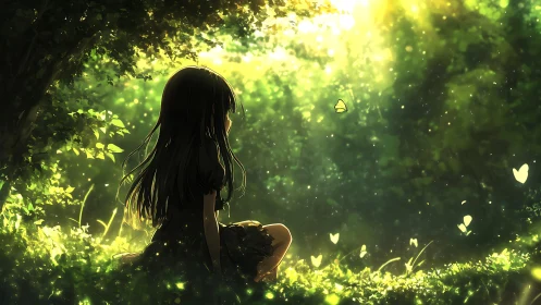 Girl observing butterflies in dense sunlit forest clearing.