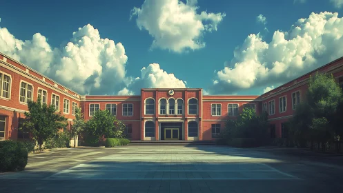 Symmetrical red brick school courtyard under cumulus sky
